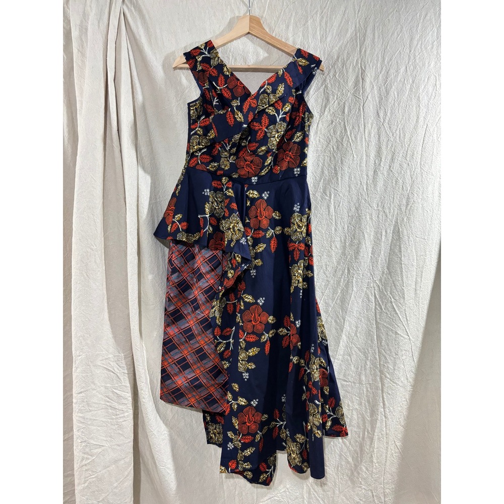 Poqua Poqu Ankara African Wax Print Asymmetrical Peplum Midi Dress Navy M